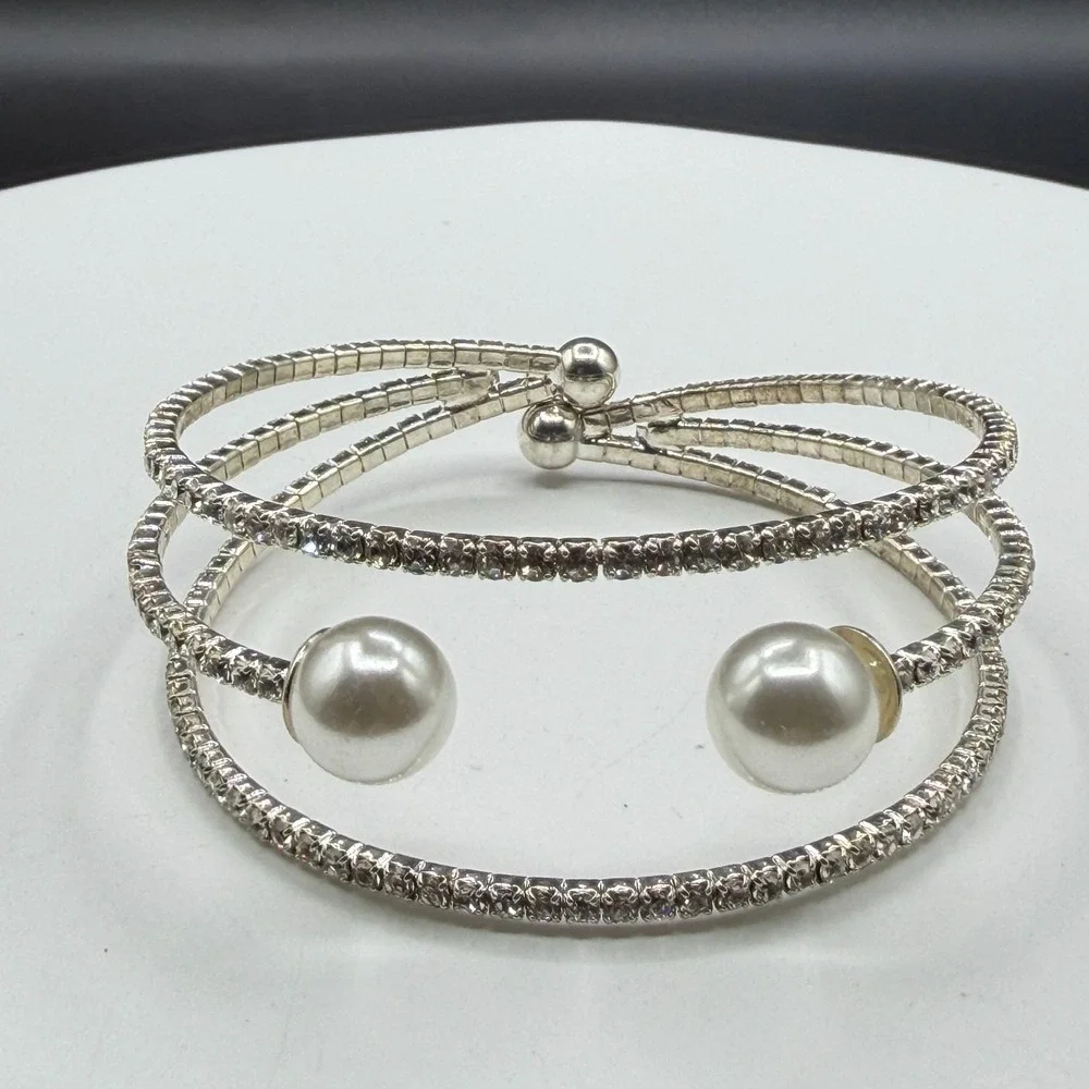 Clear Rhinestone Faux Pearl Silver Tone Triple Row Cuff Wrap Bracelet Bridal